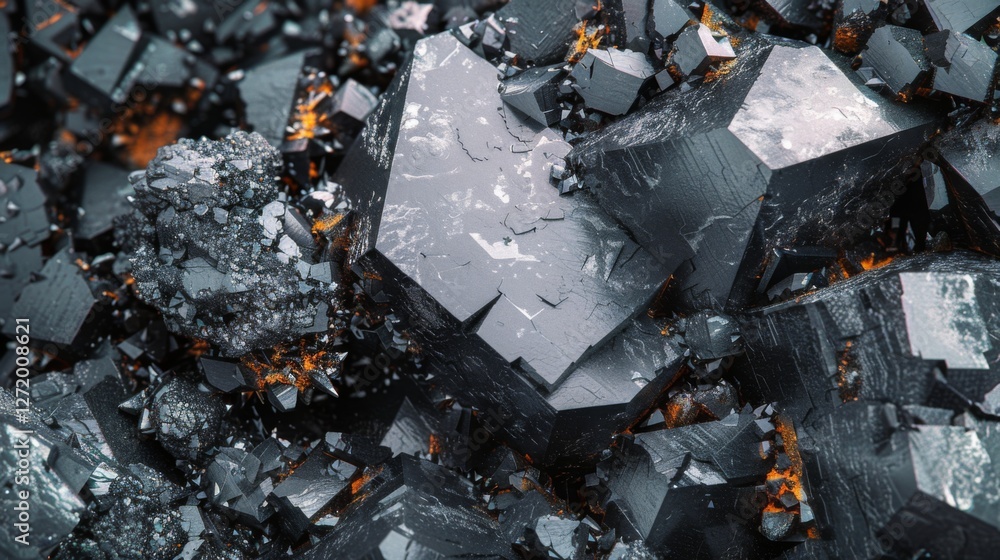 Aufkleber close up view reveals dark minerals with shiny surfaces and rough edges, creating a striking contras