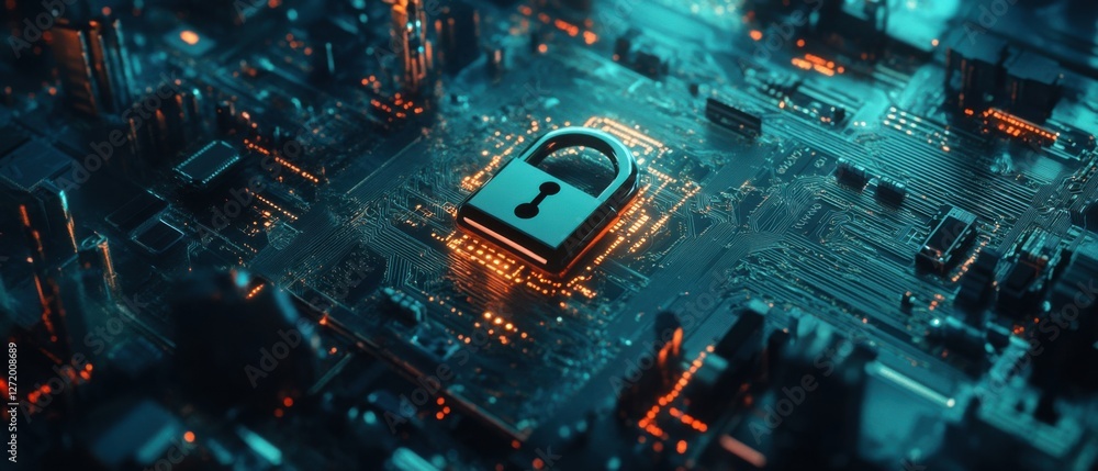 Poster cybersecurity concept: 3d render of a padlock on a circuit board, symbolizing digital security, data