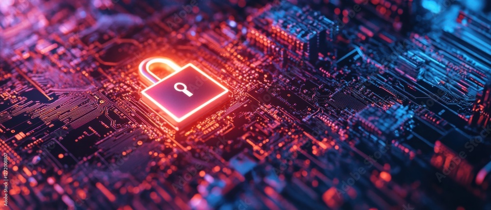 Aufkleber glowing red padlock icon on a computer circuit board, symbolizing cybersecurity, data protection, an