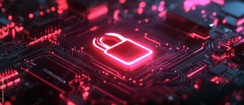 Poster glowing red padlock icon on a computer circuit board, symbolizing cybersecurity, data protection, an
