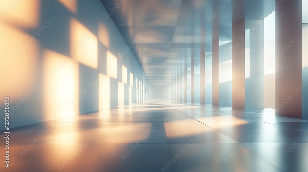 Poster light streams through an endless architectural hallway with square patterns
