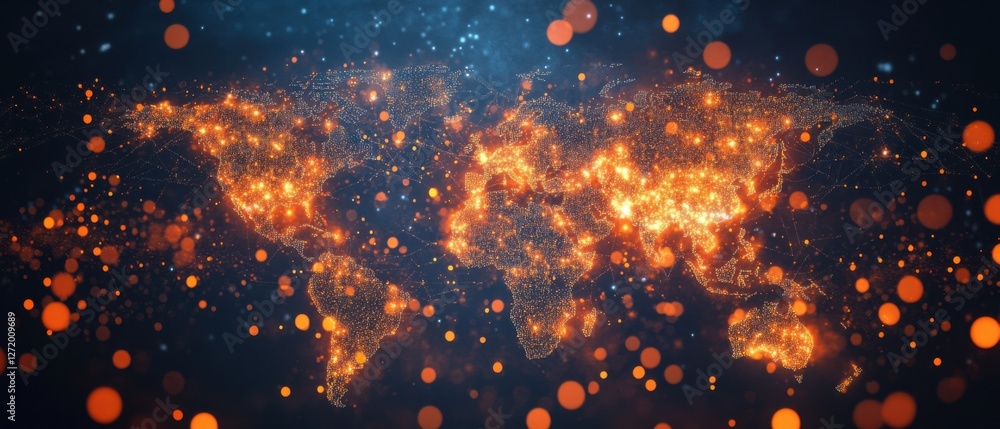 Poster glowing world map at night with network connections and bokeh effect global communication, internet 