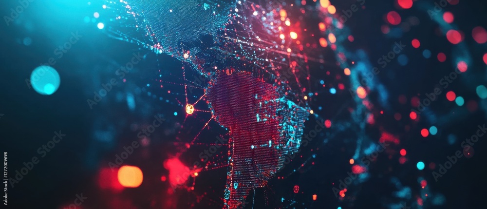 Poster digital world map with highlighted americas, showcasing global connections and data flow in a futuri