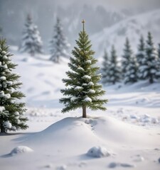 Fototapeta premium Delicate miniature Christmas tree in a snowy landscape, serene landscape, natural beauty