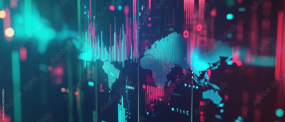 Poster futuristic world map with digital data visualization, global network and information technology conc