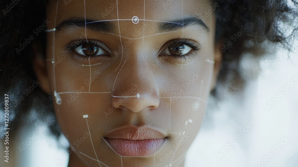 Aufkleber a closeup shot of a persons face in front of a facial recognition camera with facial landmarks mappe