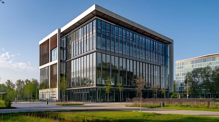 Fototapeta premium A modern office with advanced energy-saving features, reflecting a business’s commitment to sustainability.