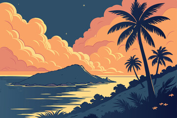  Breathtaking tropical sunset, vibrant orange and pink clouds, dramatic sky, calm ocean reflection, silhouette of distant island, golden sunlight, deep blue sky, serene seascape, ethereal atmosphere