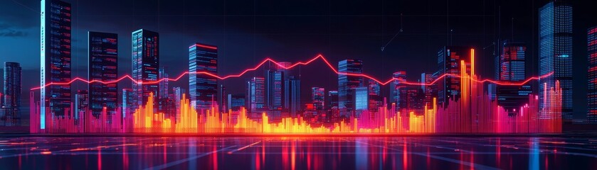 Futuristic City Landscape with Neon Graphs and Data Visualization for Technology Concepts