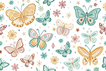 Delicate butterfly and flower seamless pattern design on white background