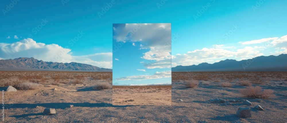 Aufkleber surreal desert landscape with a transparent rectangular portal revealing an alternate sky and clouds