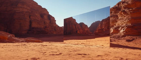 Mirrored art installation reflecting the Wadi Rum desert landscape in Jordan Modern art, desert landscape, reflection, and tourism concept