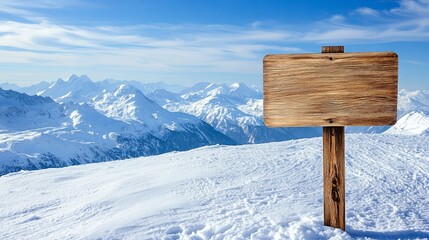 Naklejka premium Blank wooden sign on snowy mountain landscape with majestic blue sky