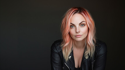 Fototapeta premium Woman with Pink Hair and Leather Jacket: A striking portrait with a dark background, highlighting the contrast between her hair and clothing.