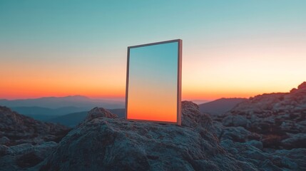 Mirror reflecting sunrise placed atop rocky mountain landscape