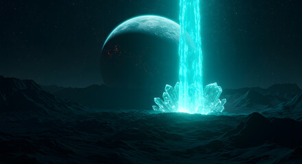 Fototapeta premium A futuristic scene depicting a glowing crystal structure emitting a bright beam of light into the dark landscape of an alien planet, with a distant planet visible in the starry sky.