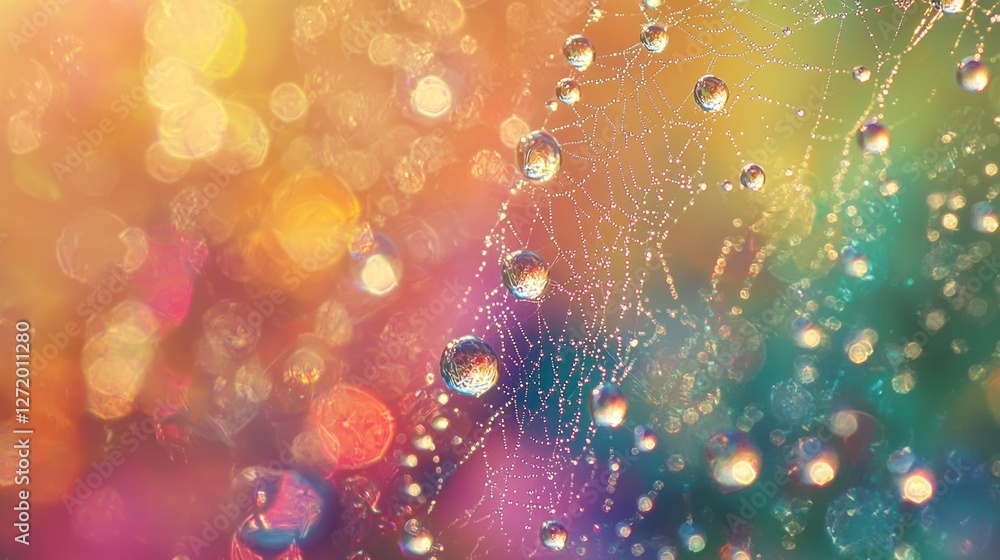 Aufkleber dew drops on spiderweb with bokeh background.