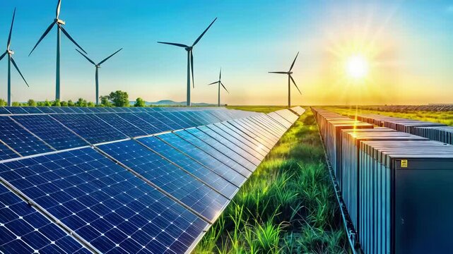 Renewable energy farm with solar panels, wind turbines and battery storage units at sunset. Green power generation technology with sustainable electricity infrastructure in rural field