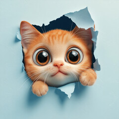 Cute ginger cat in a cartoon style looks out of the hole
