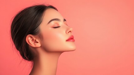 Fototapeta premium Woman with closed eyes poses against a peach colored background