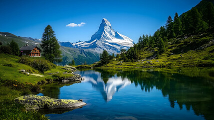 Majestic Reflection: The iconic Matterhorn peak dominates a serene alpine landscape, its snow-capped summit mirrored in the tranquil waters of a lake.