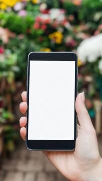 Vertical mock up  smartphone with blank screen in hand against flower shop background