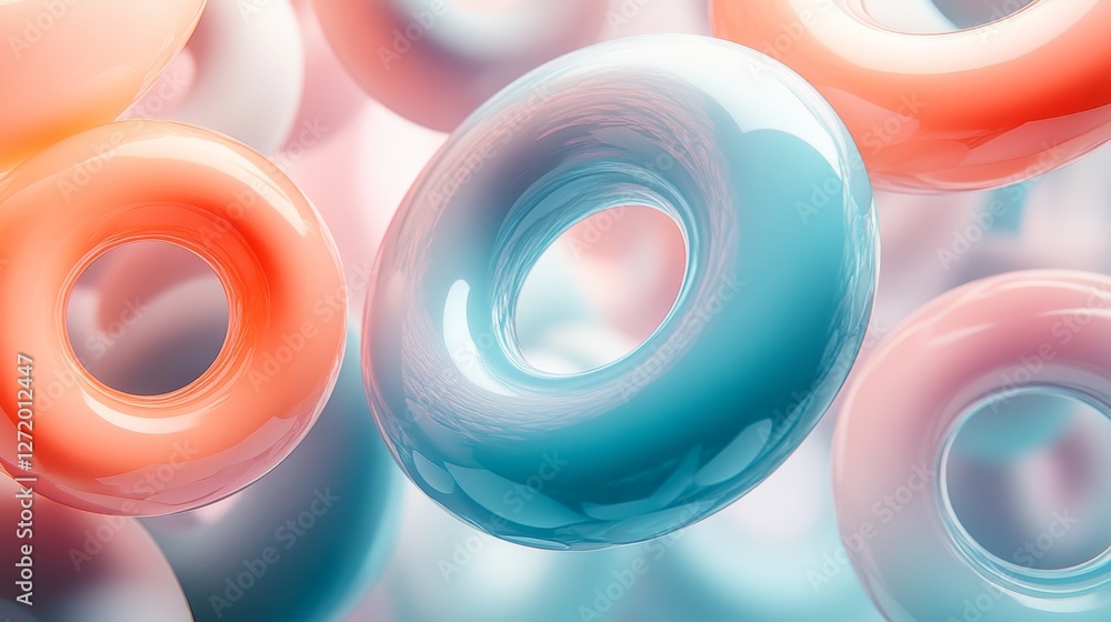 Poster colorful glossy tori float abstractly in a soft blurred space