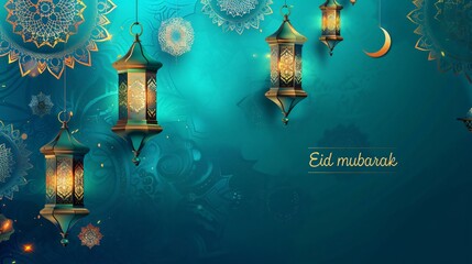 Eid Mubarak greetings with an Islamic lantern,moon and mandala pattern background