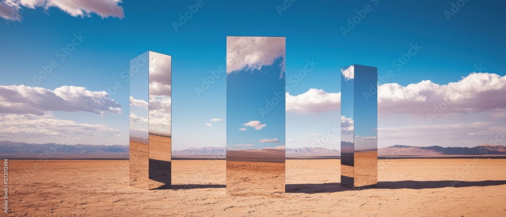 Poster three reflective monoliths standing in the desert landscape, mirroring the sky and clouds modern art