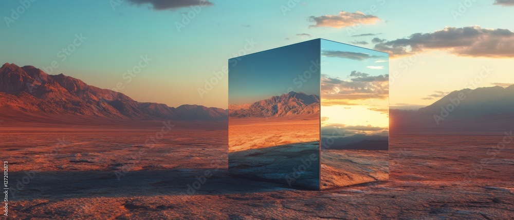 Aufkleber reflective metallic cube in a vast desert landscape at sunset surreal mirrored monolith reflecting t
