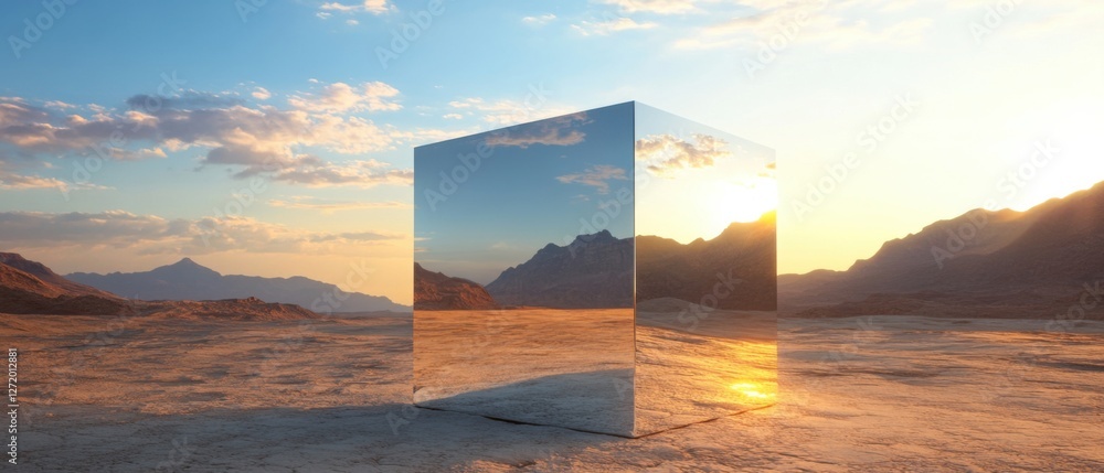 Leinwandbilder Reflective metallic cube in a vast desert landscape at sunset Mirrored cube reflecting the mountains and sky in a surreal, minimalist art installation Concept of reflection, illusion, and desert lands