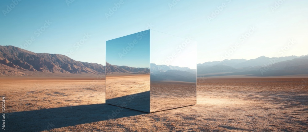 Poster reflective chrome cube in the desert landscape at sunset minimalist art installation reflecting the 