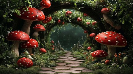 red mushrooms with white spots in a lush green forest under a starry night sky, surrounded by smaller mushrooms and foliage. Fantasy concept. Props like oversized mushrooms, enchanted trees