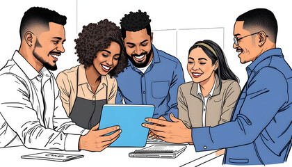 Tablet, creative and team of black people planning, research and brainstorming business ideas. Collaboration, technology and happy workers in discussion for project with graphic designer in startup,