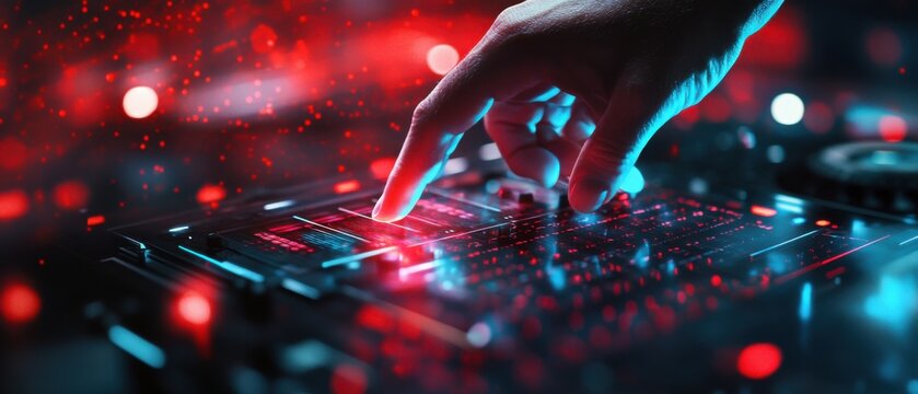 DJs hand mixing music on a futuristic digital console at a nightclub, illuminated by vibrant red and blue lights Concept of music, technology, nightlife, and entertainment