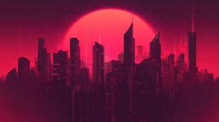 Fototapeta premium Silhouette of city buildings against a vibrant red sunset glow