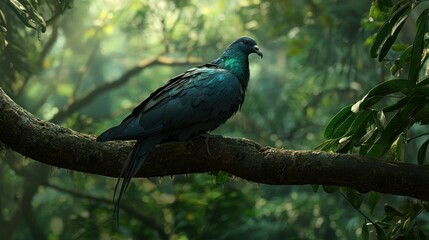 Obraz premium Dark-colored pigeon perched on a tree branch in a lush forest.
