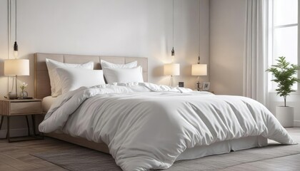 Elegant white duvet and pillows in modern bedroom decor, master, relaxation, upscale, comfortable
