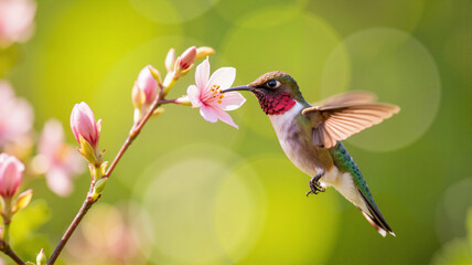 Naklejka premium Tiny hummingbird sipping nectar from blooming flower, natural beauty