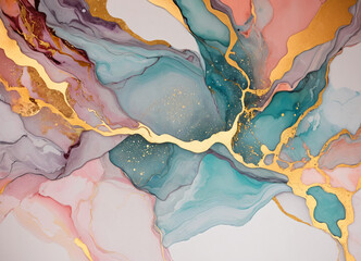 Fluid Elegance of Swirling Alcohol Ink Marble Art. Mixture of peachy, pink, green, blue, with glowing golden veins and splashes.