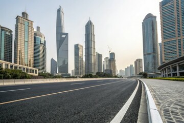 Fototapeta premium Empty asphalt road passing through the heart of a modern city amidst towering skyscrapers and office buildings, concrete highway, empty road, high-rise buildings