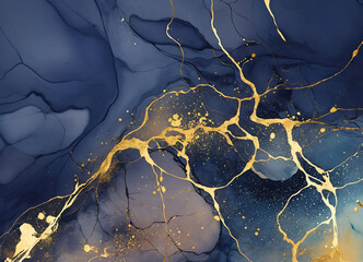 Marble alcohol ink abstract art from exquisite original painting for abstract background. Blue, purple and yellow colors with glowing golden veins and splashes.