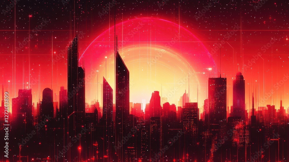 Poster red cityscape at night with gridlines and celestial object