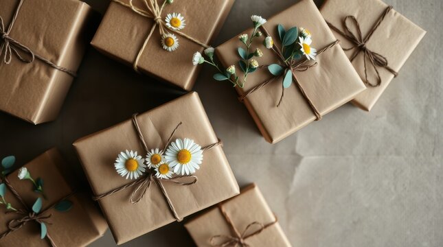 Brown paper gifts, tied with string and decorated with white daisies and greenery. Stylish gift wrapping.