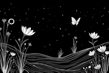 a black and white drawing of flowers and butterflies