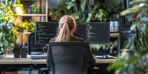 Woman coding on dual monitors surrounded by lush greenery in a modern office. Focused on programming, she enhances productivity with a natural workspace.