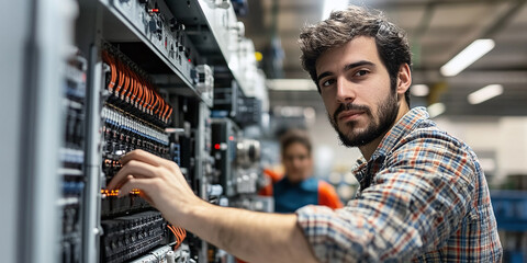 IT Engineer working with server equipment: Man in plaid shirt, focused on data center hardware, inspecting & maintaining network infrastructure.