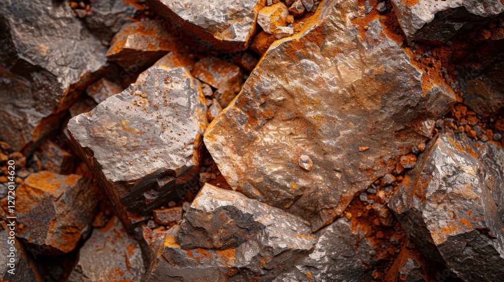 Poster rocks with rough surfaces create a striking display of metallic textures and bright orange mineral s