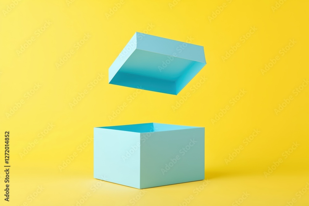 Poster minimalist image of an open light blue gift box with its lid floating above it, set against a vibran