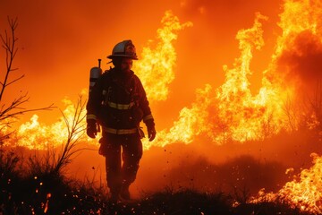 a firefighter walks through a field of flames